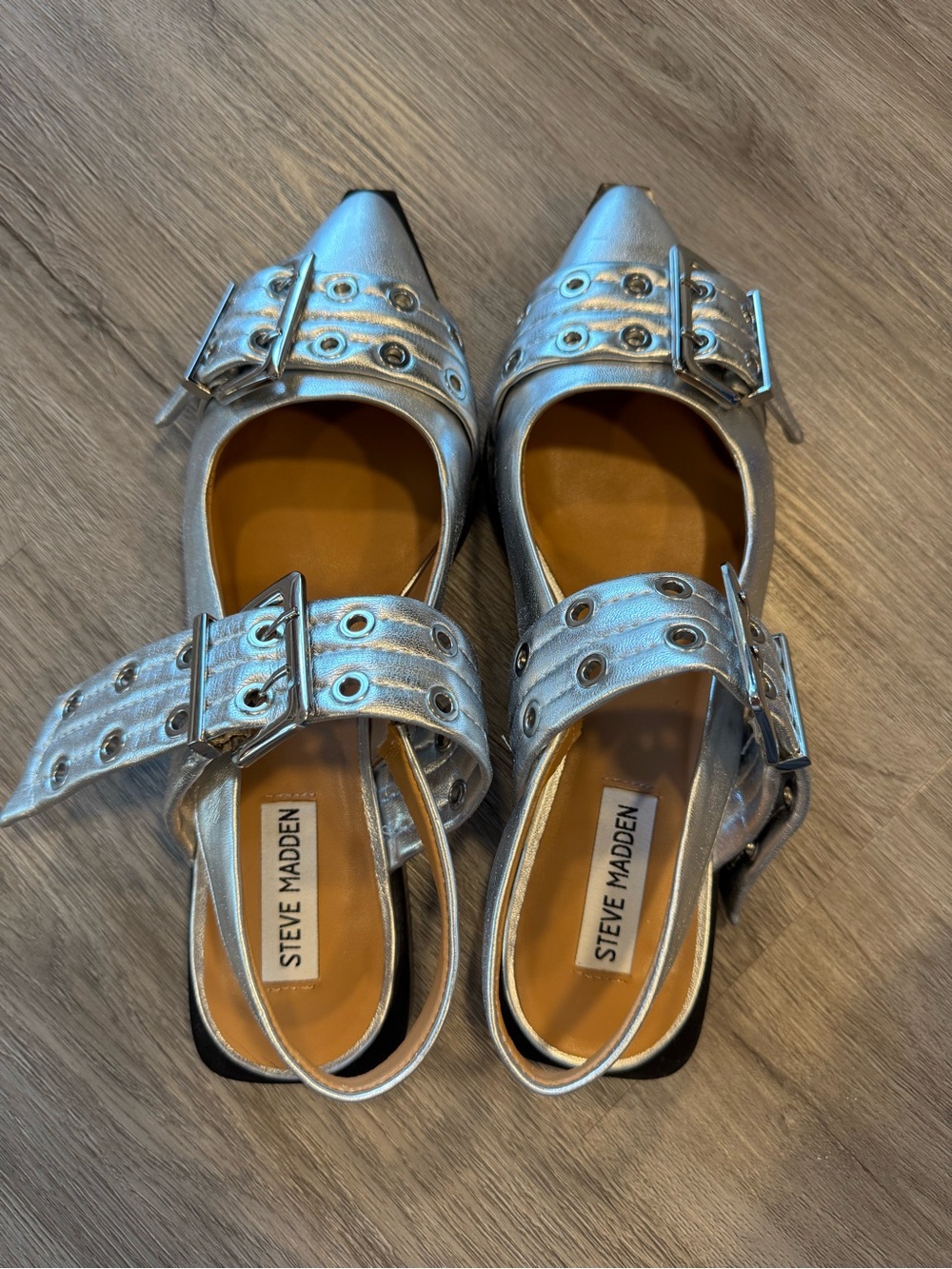 Steve Madden Metallic Silver Pointed Buckle Flats with Eyelet Straps